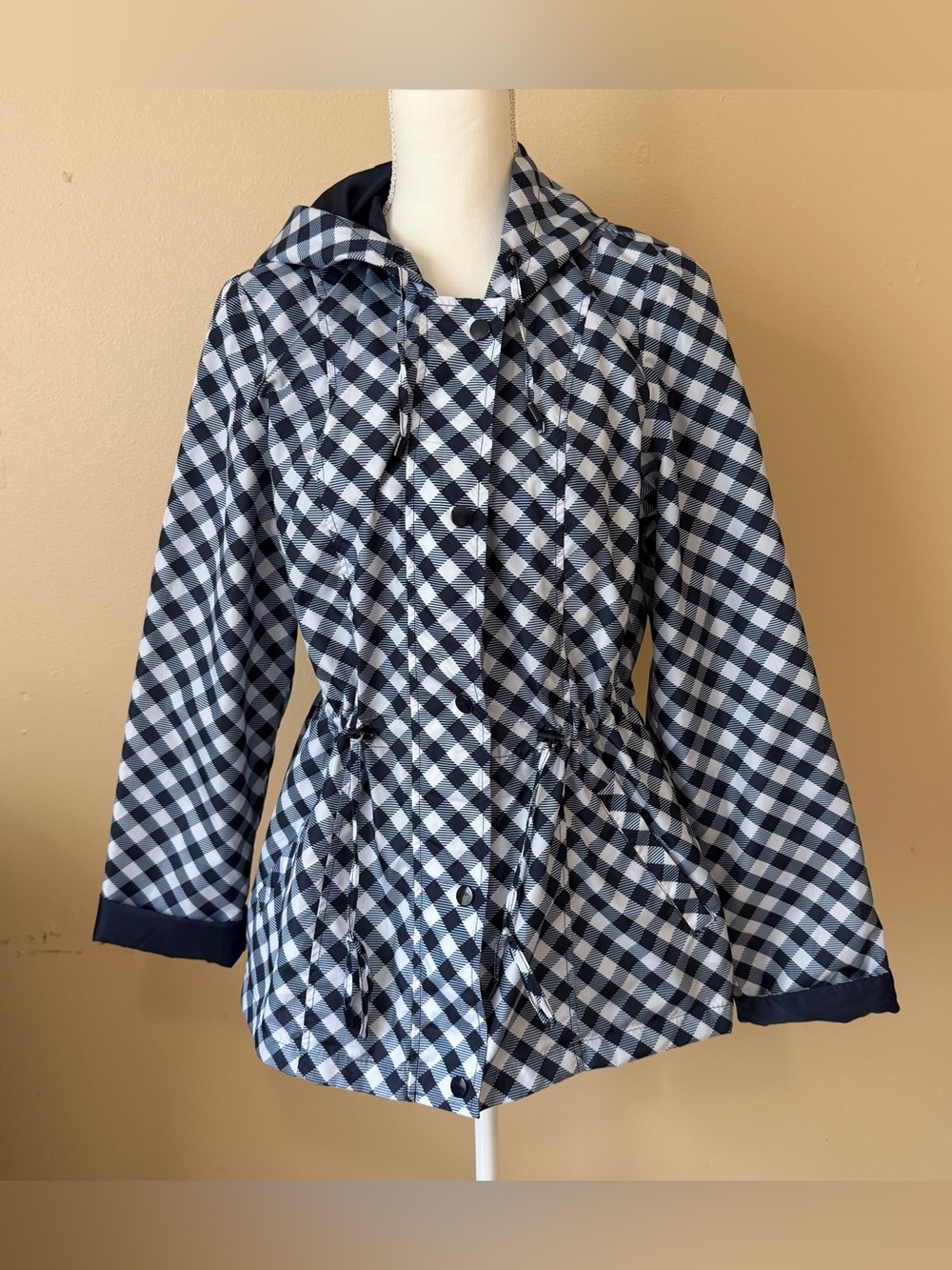Kim Rogers Petite Anorak Jacket Windbreaker Rain Coat Navy Blue and White 14P